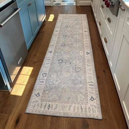 Fame Rugs Gray Modern Oushak Rug 2'6"x7', Washable Vintage Turkish Colorful Oriental Antique Inspired Foldable Small Runner Rugs, Luxury Living Room Bedroom (Gbeige, 2'6" x 7')