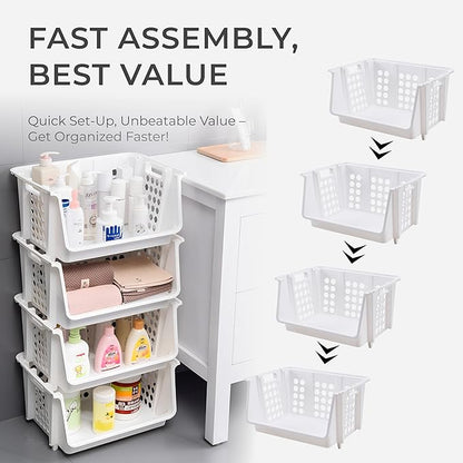 TidyFriend Medium Stackable Storage Bins for Pantry - 4 Pack, Stackable Bins For Organizing Food, Kitchen, and Bathroom Essentials (White)