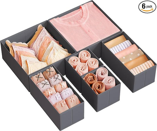 SONGMICS Drawer Organizer, Dresser Drawer Organizers, Set of 6, Foldable Fabric Storage Bins for Socks, Underwear, Bras, Ties, Scarves, Slate Gray URDZ06G