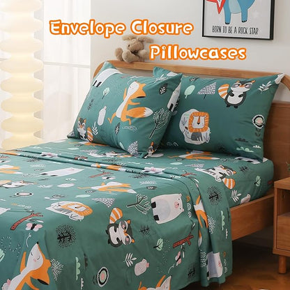 JSD Green Forest Animals Kids Sheet Set Twin Size, 3 Piece Woodland Printed Microfiber Bed Sheets Deep Pocket