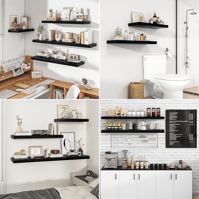 RICHFOCUS 55Inch Floating Shelves for Wall 1 Pack Shelves for Bedroom|Kitchen|Bathroom Wall Mounted Rustic Wood Floating Shelf with Invisible Brackets for Books|Storage|Decor, Black