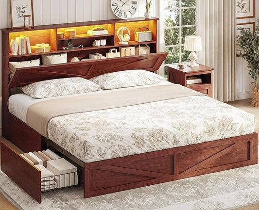 AOGLLATI Farmhouse King Bed Frame Bed Frame with 4 Storage Drawers and Led Lights, Wooden King Bed with Hidden Space Bookcase Headboard and Led Lights & Metal Slats, Mahogany
