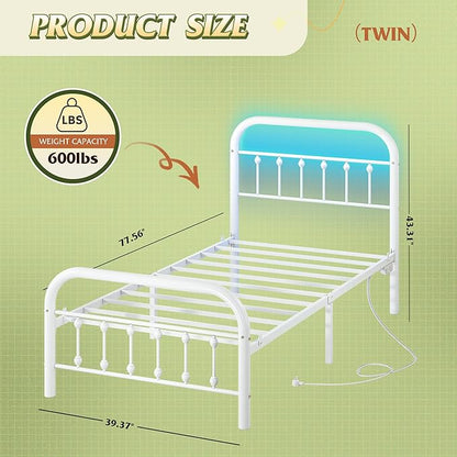WLIVE Metal Platform Bed Frame, Twin Bed Frames with Headboard, Bed Frame with LED Lights and Charging Station, 600LBS Mattress Foundation, Under Bed Storage, No Box Spring Needed, White