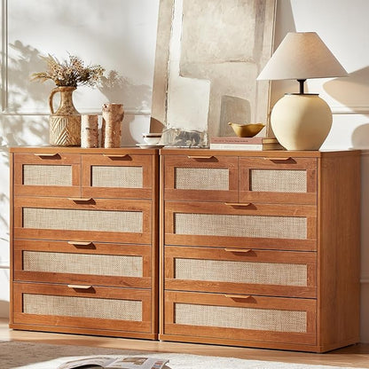 LEYAOYAO Rattan Dresser for Bedroom Set of 2, 33.5" Tall Chest of Drawers, Modern 5 Drawers Boho Dressers with Storage, Vintage Brown Dresser Wooden Closet Organizer for Living Room, Hallway