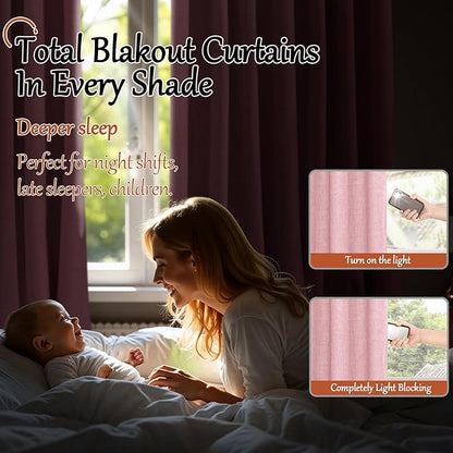 Baby Pink Linen Blackout Curtains for Nursery 45 Inch Length 2 Panels Set, Thermal Insulated Boho Total Black Out Noise Reducing Bonzer Grommets Window Curtains for Girls Bedroom, Each 52 Inch Wide