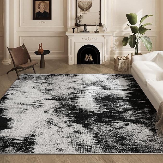 Area Rugs 8x10, Modern Abstract Machine Washable Rugs for Living Room Thin Carpet Indoor Floor Non-Shedding Carpets for Bedroom Dining Room Farmhouse Home Office | Black White