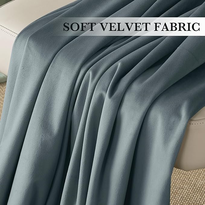 RYB HOME Dusty Blue Velvet Drapes for Baby Boy Bedroom, Thermal Insulated, Light Blocking, Floor-Length Back Tab Velvet Curtains for Modern Home Decor, 52" W x L96 L, 2 Panels Set