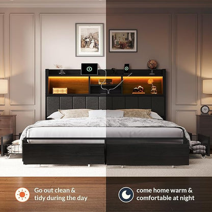 LARMACE Queen Bed Frame with 6 Storage Drawers, Bed Frame Queen Size with Linen Upholstered Headboard, Built in Charging Station and LED, No Noise, Metal Support, No Box Spring Needed,Vintage Black