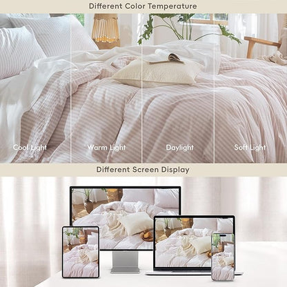 MooMee Striped Duvet Cover Set 100% Washed Cotton Linen Like Textured Breathable Durable Soft Comfy (Heathered Greyish Pink Classic Stripes, Oversized Full 82"x86")