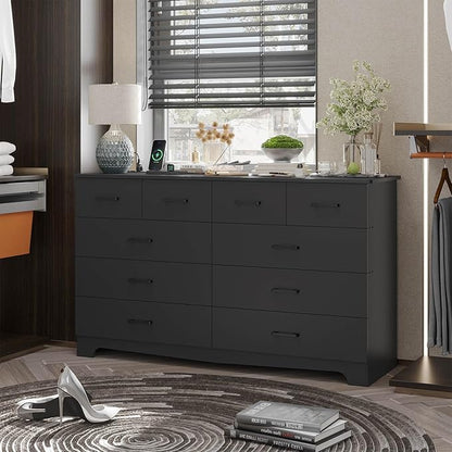 Hasuit 10 Drawer Dresser for Bedroom, Large Chest of Drawers with Charging Station, 55.1'' Wide Storage Clothes Closet Organizer, Long Dresser TV Stand for Living Room, Black