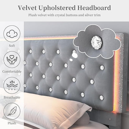 Queen Led Bed Frame with 2 Drawers, Storage Platform Queen Size Upholstered Bed Frames with Crystal Button Tufted Headboard, Solid Slats Support, Noise Free, No Box Spring Needed, Velvet Grey