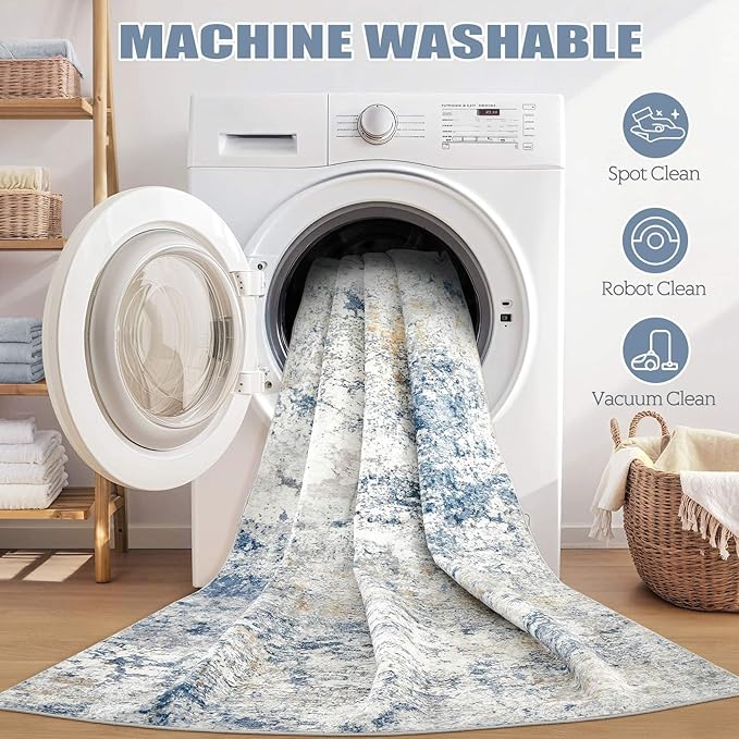 Area Rug Living Room Rugs - 10x12 Abstract Large Soft Indoor Washable Rug Neutral Modern Low Pile Carpet for Bedroom Dining Room Farmhouse Home Office - Blue