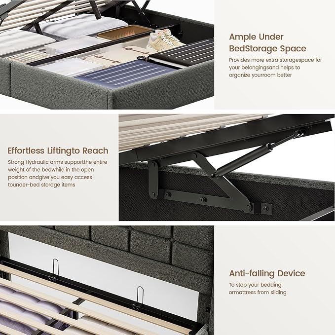 Lift Up Queen Bed Frame with Storage, Upholstered Bed Frame Queen Size with LED Lights Headboard and Charging Station, No Box Spring Needed, Easy Assembly - Dark Grey