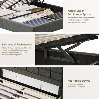 Lift Up Queen Bed Frame with Storage, Upholstered Bed Frame Queen Size with LED Lights Headboard and Charging Station, No Box Spring Needed, Easy Assembly - Dark Grey