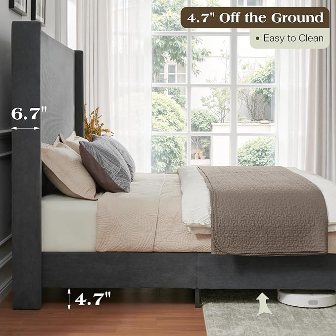 King Bed Frame with 65" Tall Headboard, Horizontal Fine Corduroy Bed Frame with Wingback, Upholstered Platform Bed, Vintage Solid Wood Gourd Legs, No Box Spring Needed, Black