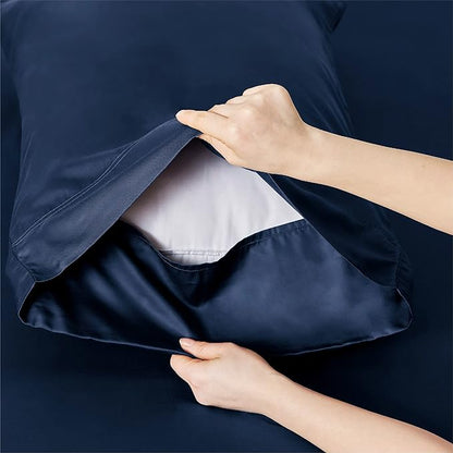 Bedsure California King Sheet Sets, Cooling Sheets for Hot Sleepers, Rayon Derived from Bamboo, Breathable & Soft, Deep Pocket Up to 16 Inches, Hotel Luxury Silky Bedding, Navy