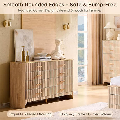 Fluted 8 Drawer Dresser for Bedroom with Curved Profile, Reeded Front Panels, 53.9” Wide Chest of Drawers Storage Cabinet with Smooth-Glide Drawers for Living Room, Light Oak