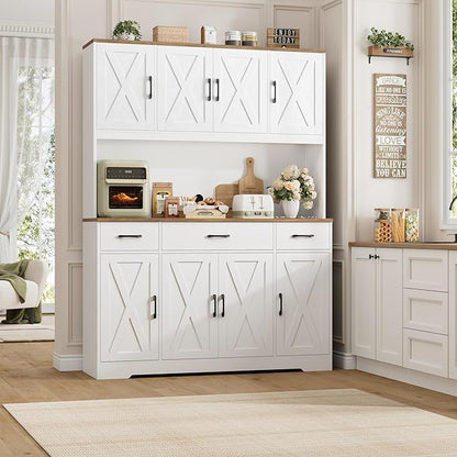 HOSTACK 71" Tall Pantry Cabinet with Charging Station, 55" Wide Kitchen Pantry Storage Cabinet with Countertop, Large Kitchen Hutch with Storage Drawers and Doors for Dining Room, Living Room, White