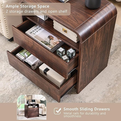 25" Tall Modern Nightstand with Charging Station, 23.6'' Wide Wood Bedside Table w/2 Storage Drawers, Large Mid Century End Table for Bedroom, Living Room, Curved Profile Design, Brown