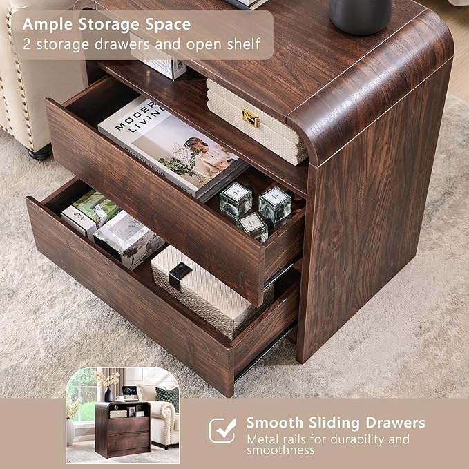 25" Tall Modern Nightstand Set of 2, 23.6'' Wide Wood Bedside Table w/2 Storage Drawers, Charging Station,Mid Century End Table for Bedroom, Living Room, Curved Profile Design, Brown
