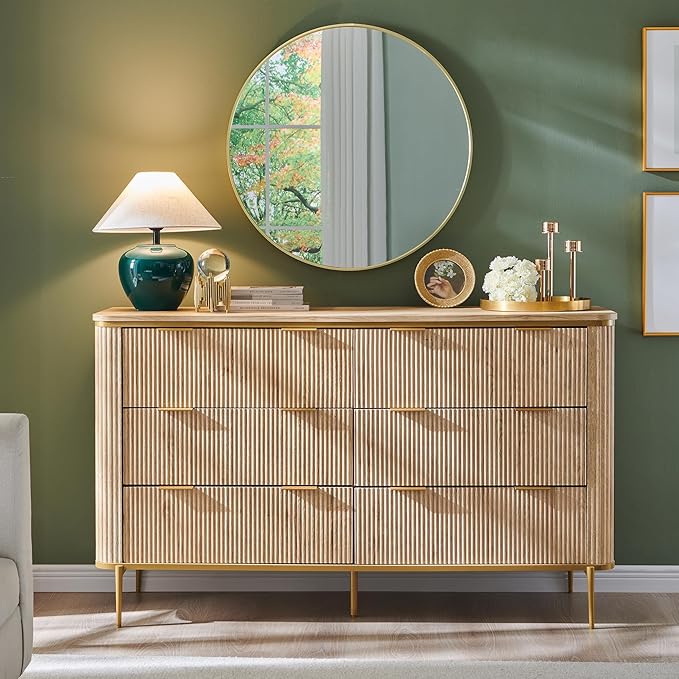 T4TREAM Fluted 6 Drawers Dresser for Bedroom, 54" Wide Modern Dresser TV Stand, Gold Accents, Fluted Fronts, Wood Storage Dressers Organizer for Bedroom, Living Room, Natural Oak