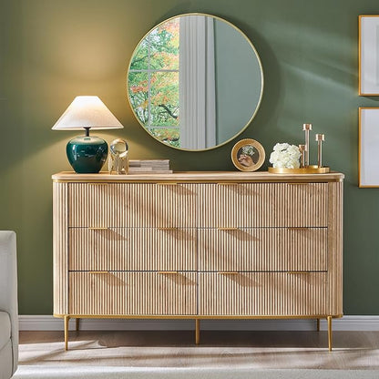 T4TREAM Fluted 6 Drawers Dresser for Bedroom, 54" Wide Modern Dresser TV Stand, Gold Accents, Fluted Fronts, Wood Storage Dressers Organizer for Bedroom, Living Room, Natural Oak