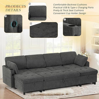 110" Fabric Pull-Out Couch Bed w/Adjustable Backrests, Sectional Sleeper Sofa w/USB Ports & 2 Cup Holders, Upholstered U-Shaped Couch w/Storage Chaise for Living Room, House, Grey