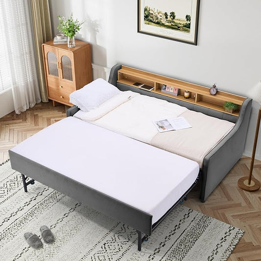 Twin Size Daybed with Pop Up Trundle Bed, Linen Upholstered Day Bed Frame with w/LED/USB/Type C/Storage Headboard, Twin to King Daybed for Living Room Bedroom, No Box Spring Needed, Dark Grey