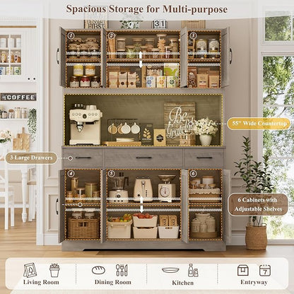 HOSTACK 71" Tall Kitchen Pantry Storage Cabinet with Charging Station, 55" Wide Kitchen Hutch Cabinet with Large Countertop, Farmhouse Food Pantry with Drawers for Living Room (Ash Grey)