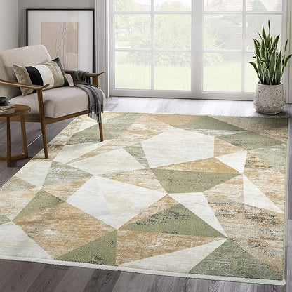 Abani Savoy Collection Area Rug - Green and Cream Geometric Design - 9'x12' -Easy to Clean - Durable for Kids and Pets - Non-Shedding - Medium Pile - Soft Feel -for Living Room, Bedroom & Office