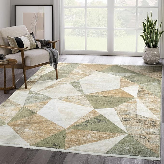 Abani Savoy Collection Area Rug - Green and Cream Geometric Design - 9'x12' -Easy to Clean - Durable for Kids and Pets - Non-Shedding - Medium Pile - Soft Feel -for Living Room, Bedroom & Office
