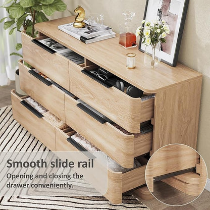 6 Drawer Dresser for Bedroom, 54" Wide Modern Chest of Drawers with Metal Handle, Curved Profile Design, Wooden Oak Dresser Closet Clothes Storage TV Stand for Living Room, Hallway