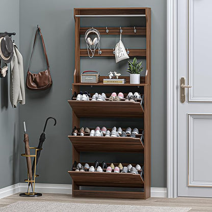 Shoe Cabinet with 3 Flip Drawers & Coat Rack, Narrow Hidden Shoe Storage Cabinet, 2-in-1 Hall Tree Slim Freestanding Shoe Rack Organizer for Entryway, Hallway, and Living Room