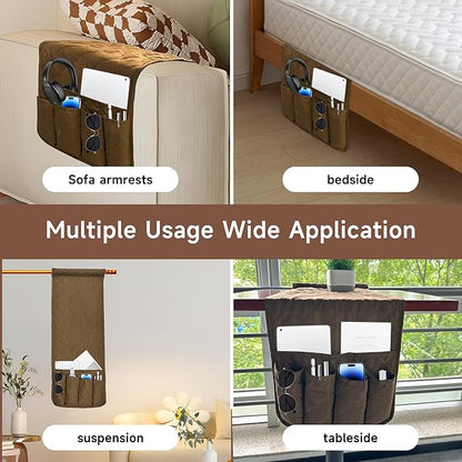 MEHIDFY Sofa Armrest Caddy, Waterproof Bedside Storage Organizer, Non Slip Armchair Pockets, Remote Control Holder for Couch, Handy Pouches with 6 Pockets for TV Remote, Phone, Magazine(Brown)