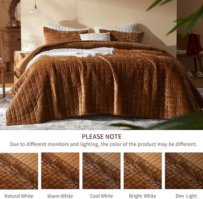 LEAONME Velvet Quilt King Size-98''x106'', Lightweight Caramel Velvet Comforter Set with 2 Pillow Shams, Soft Bedspread Coverlet Quilted Bedding Set for All Season