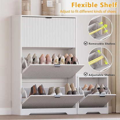 Slim Shoe Cabinet with Bench for Entryway, Hidden Storage and Adjustable Shelves, Free Standing Wooden Shoes Organizer for Foyer, Hallway