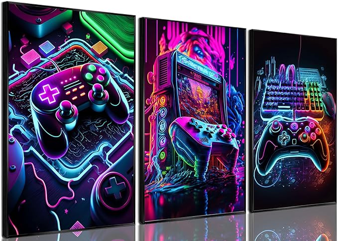 Game Room Decor Posters Set of 3 - Neon Gaming Accessories Theme Canvas Wall Art, Gamer Console Paintings Picture Wall Decor for Children Youth Boys Bedroom 16x24 inch Unframed