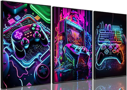 Game Room Decor Posters Set of 3 - Neon Gaming Accessories Theme Canvas Wall Art, Gamer Console Paintings Picture Wall Decor for Children Youth Boys Bedroom 16x24 inch Unframed