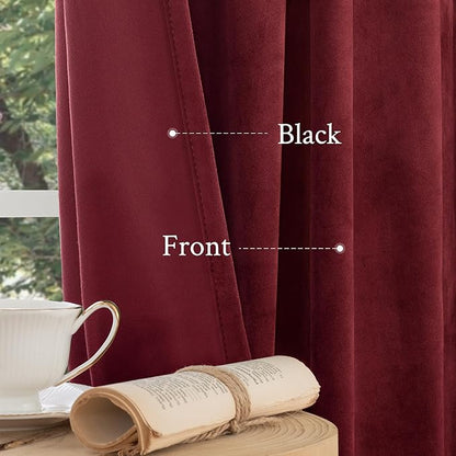 LAMIT Velvet Curtains 90 Inch for Theater, Burgundy Red Thermal Insulated Blackout Curtains for Living Room Darkening Back Tab and Rod Pocket Christmas Panels for Bedroom, 2 Panels, 52 x 90 Inch