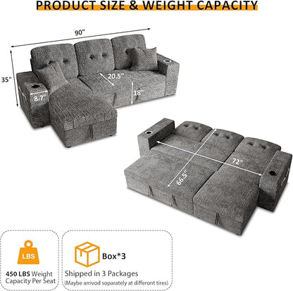 4 in 1 Sleeper Sofa Bed, 90 Inch Pull Out Couch Bed with Adjustable Backrest | Reversible Storage Chaise | Wide Armrest | Tool Free Assembly, Sectional Couches for Living Room, Grey Chenille