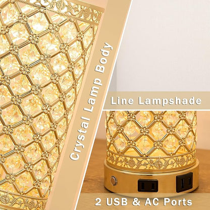 Crystal Table Lamp Set of 2-24in Gold Bedroom Lamps 3-Way Dimmable Touch Lamp with Night Light, 2 USB Ports + AC Outlet Bedside Night Stand Lamp for Living Room (Gold-2 Pack 24In)