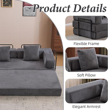4-in-1 Convertible Folding Sleeper Sofa Bed, Fold Out Floor Sofa Couch with Fixed-Shape Frame, Cloud Corduroy Foldable Mattress Couch for Living Room Bedroom (77" Corduroy, Dark Grey)