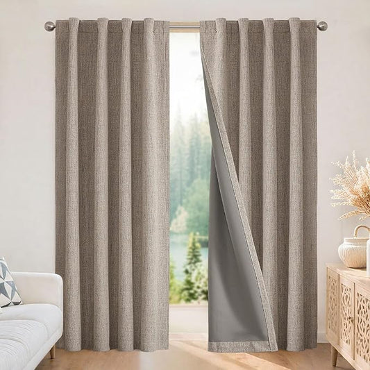 Joydeco 100% Blackout Curtains for Bedroom - Natural Linen Curtains, Thermal Insulated Linen Light Blocking Drapes, Rod Pocket & Back Tabs (Linen, 52" W x 90" L (Pack of 2))