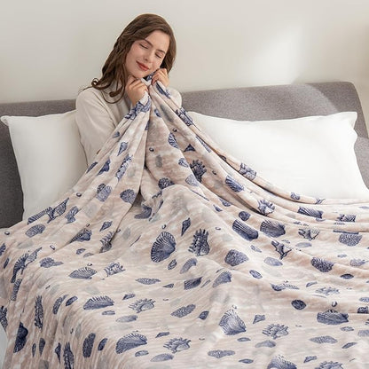 Berkshire Blanket-Classic Heavyweight Soft Printed VelvetLoft® Plush Blanket, Full/Queen Size Soft Fuzzy Warm Blanket for Couch Sofa Bed, Classic Shells Navy, 90in x 90in