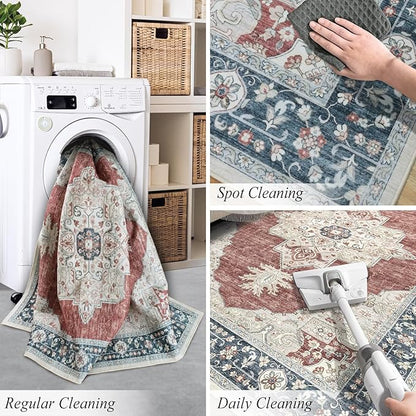 9X12 Washable Vintage Area Rug Boho Chic Medallion Distressed Design Non-Shedding Easy Care Ideal for High Traffic Areas in Living Room Bedroom Office Large Carpet (Brick/Beige, 9x12)