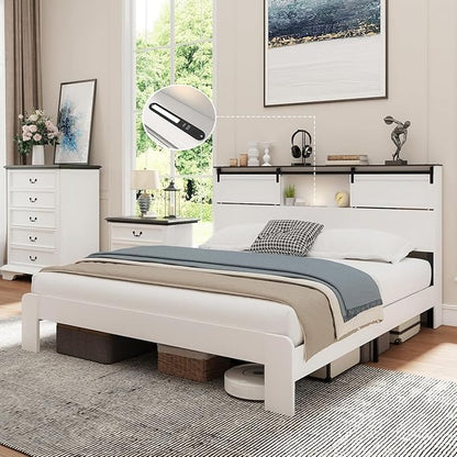 King Wood Bed Frame, Sliding Barn Door Storage Headboard with LED Lights and Charging Station, Farmhouse Wood Platform Bed with Metal Slat Supports, No Box Spring Required, Noiseless, White