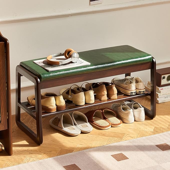 Solid Wood Shoe Bench, 2-Tier Wooden Storage Entryway Bench, Mid-Century Modern Shoe Bench Rack, End of Bed Bench with Faux Leather Cushion, Ottoman Bench for Hallway, Living Room (Walnut, 31.5'')