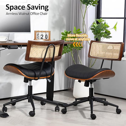 Home Office Chair with Wheels, Adjustable Height Desk Chair with Rattan Backrest, Leather Swivel Computer Chair, Armless Modern Walnut Chair for Office, Meeting Room, Black