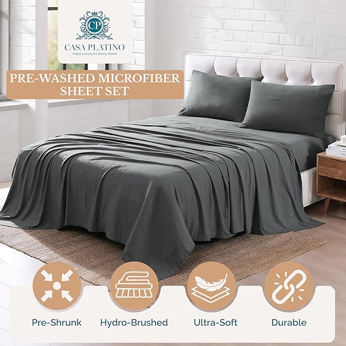 Casa Platino Charcoal 3Pc Brushed Microfiber Twin XL Bed Linen Set - Pre-Washed Ultra Soft, Breathable, Deep Pockets - Hypoallergenic