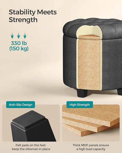 SONGMICS Round Ottoman, Ottoman with Storage, 17.7 Dia. x 17.5 H Inches Foot Rest with Legs, Load up to 330 lb, for Living Room, Bedroom, Dark Gray ULOM011G01